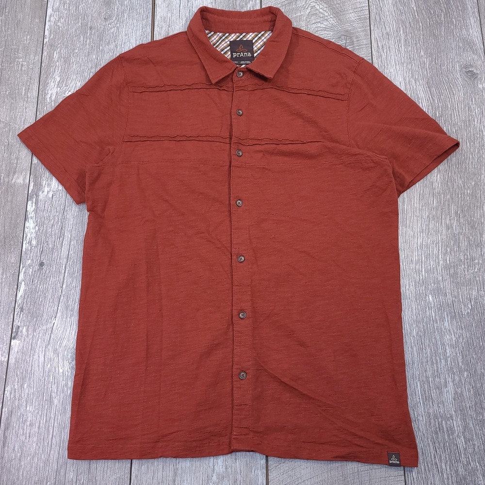 Prana Mens Keylyn Camp Shirt Size Large Orange Short Sleeve Outdoor Top